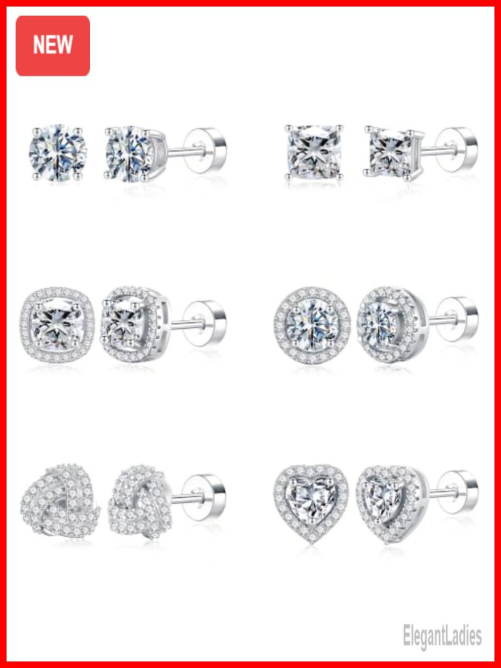 6 Pairs Hypoallergenic Flat Back Stud Earrings Silver Plated Brass Zircon